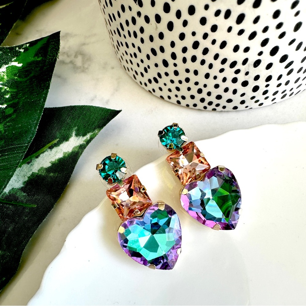 2/$30🌵 Multicolor Heart Square Stone Earrings Jumbo Rhinestone Boho Jewelry NEW